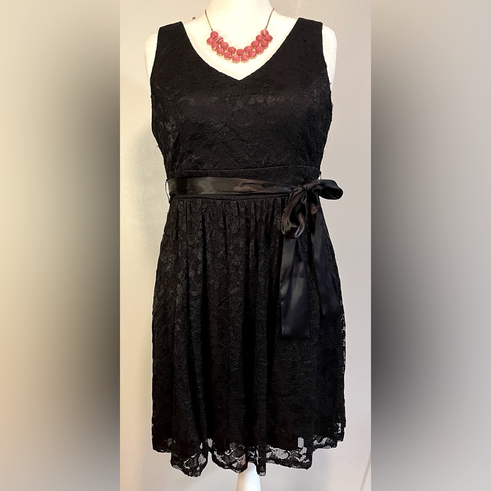 Fit and Flare Black Lace Mini Dress w/ ribbon belt